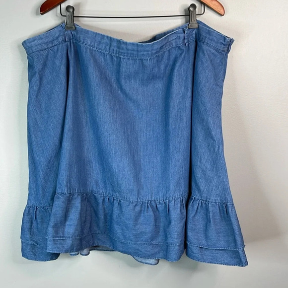 MODCLOTH Chambray Ruffled Mini Skirt Blue Medium Wash Pockets Cotton Plus 4X - Picture 11 of 11